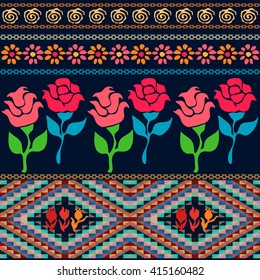 Bag design. Bohemian seamless pattern. Ethnic and Peruvian motifs. Blooming roses, doodle prints. Folk art textile collection. Black, red, blue.