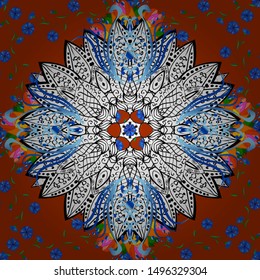 Bag design. Hand-drawn vector mandala with colored abstract pattern on a orange, blue and white colors.