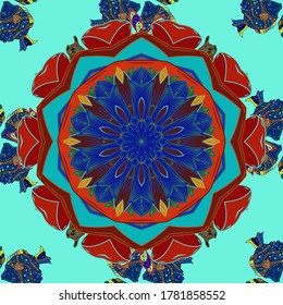 Diseño de bolsa. Mandala vectorial dibujada a mano con un patrón abstracto colorido en colores rojo, azul y naranja.