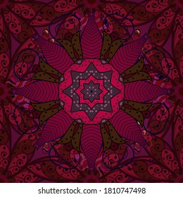 Beutel-Design. Handgezeichnete Vektormandala mit farbigem abstraktem Muster auf violettem, braunem und rotem Hintergrund.
