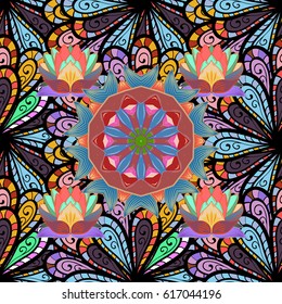 Bag design. Hand-drawn vector mandala with colored abstract pattern on a background.