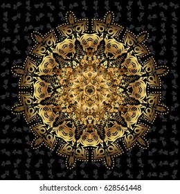 Bag design. Hand-drawn vector mandala with golden abstract pattern, isolated on a black background.
