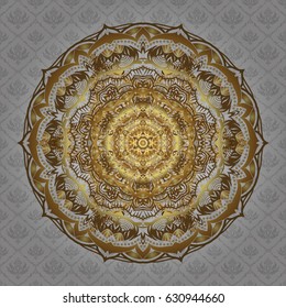 Bag design. Hand-drawn vector mandala with golden abstract pattern, isolated on a gray background.