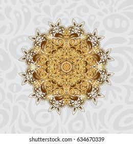 Bag design. Hand-drawn vector mandala with golden abstract pattern, isolated on a gray background.