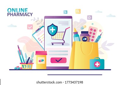 Bag with different drugs. Online pharmacy and medicine landing page template. Concept of healthcare, drugstore and e-commerce. Safe purchase of pills online via website or app.Flat vector illustration