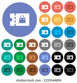 Bag discount coupon multi colored flat icons on round backgrounds. Included white, light and dark icon variations for hover and active status effects, and bonus shades.