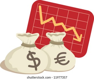 Bag of Dollar and Euro with Chart Down
