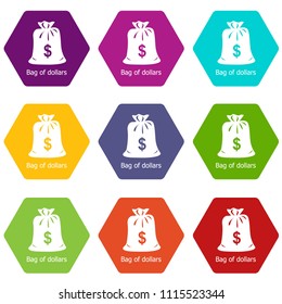 Bag dollar icons 9 set coloful isolated on white for web