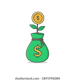Bag For Dollar Money With Money Tree Vector Icon Illustration. Money Tree Flat Icon