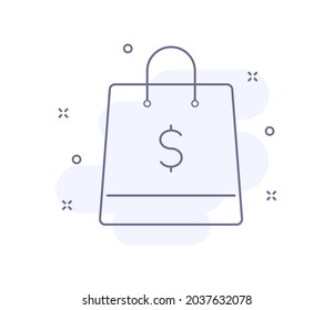 bag with dollar outline vector illustration isolated on white. bag with dollar purple line icon with light pink background and decorations. for web and ui design, mobile apps and print polygraphy