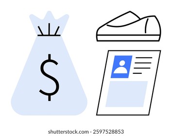 Bag with dollar sign and job resume next to a briefcase symbolize wealth, job opportunities, and financial planning. Ideal for career growth, employment, financial guidance, business strategy, job