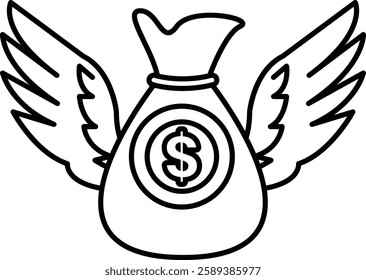 A bag with a dollar sign on it is being carried by two wings