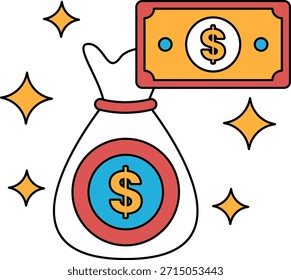 Eine Tasche mit einem Dollarzeichen darauf. Die Tasche ist mit Geld gefüllt. Die Tasche ist von Sternen umgeben