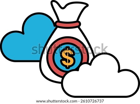 A bag with a dollar sign on it is shown with a cloud in the background. The bag is filled with money, and the cloud is dark and ominous. Concept of wealth and power