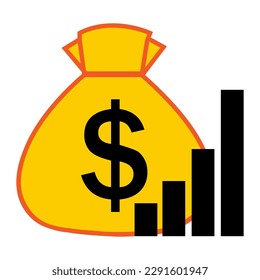 A bag of dollars with growing statistics. The concept of rising prices, rising dollar. Vector illustration isolated on white background.