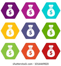 Bag with dollars icon set many color hexahedron isolated on white vector illustration