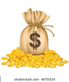 bag with dollars money on pile of golden coins - vector illustration, isolated on white background