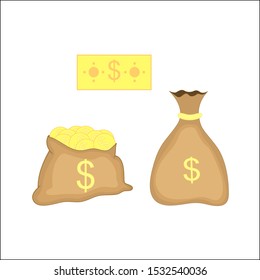 bag with dollars money - vector illustration, isolated on white background.