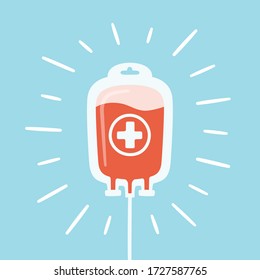 Bag with donated blood and rays. Blood Donor Day. Vector illustration on blue background