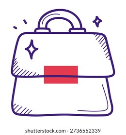 Bag doodle icon vector isolated. Hand-drawn illustration of personal accessory, leather briefcase. Symbol of dry cleaning service for bags. Elegant handbag.