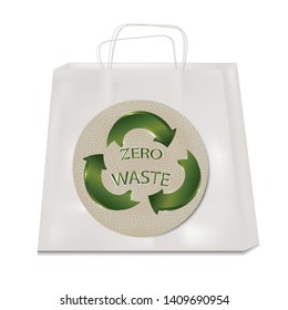 Bag of ecological white paper with recycling symbols isolated on a white background. Zero waste concept.Eco design. Vector illustrations. 