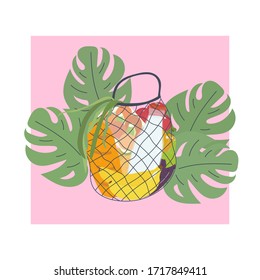 A bag of fabric for food in a mesh. Vector illustration