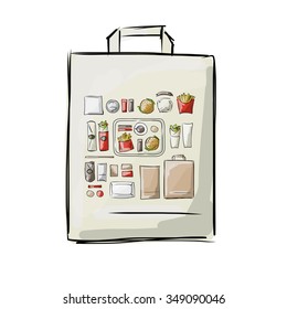 Bag with fast food, sketch for your design. Vector illustration