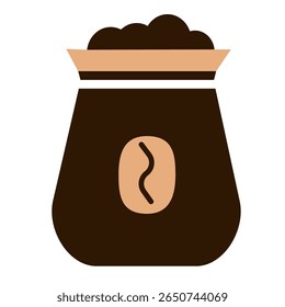 Bag filled with ground coffee and coffee bean symbol in flat minimalist style. 