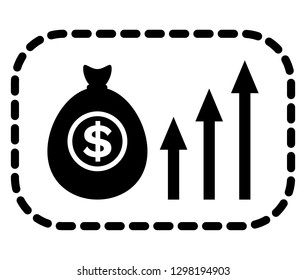 Bag filled with money vector, isolated silhouette icon with growing arrows. Financial success and wealth. Cash in container, infographics business result. Black color on white background