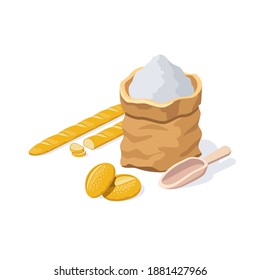 A bag of flour baguette and buns. Vector 3d isometric, color web or print icons, new flat style. Creative illustration, idea for infographics.