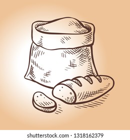 bag of flour and bread hand draw isolated background