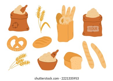 Bag of flour, breads and wheat ears.
Baguette,pretzel,long loaf.