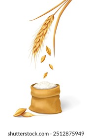 A bag of flour with an ear of corn and grain. Vector illustration.