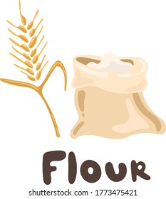Eine Tüte Mehl und Weizenähren. Design-Element. Stockillustration für Vektorklammern. Brothaus. Haufen Mehl. Brot und Ernte Thema. Lebens- und Futtermittel.