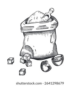Saco de farinha, açúcar em bloco, ovo de galinha quebrado, colher para derramar farinha, todos os objetos são desenhados à mão no vetor. Composição vetorial da preparação da massa. Adequado para impressão em papel.