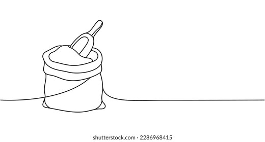 Beutel aus Mehl eine Linie kontinuierliche Zeichnung. Bäckereiprodukte durchgehend eine Illustration. Lineare Vektorgrafik minimalistisch.
