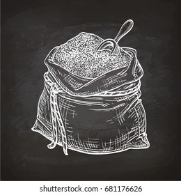 Bag of flour with scoop. Chalk sketch on blackboard. Hand drawn vector illustration. Retro style.
