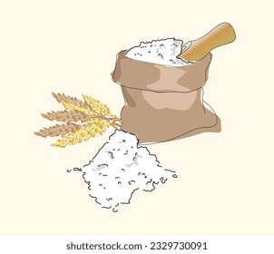 Bag of flour , shovel and ears of wheat. Vector illustration. a handful of flour
