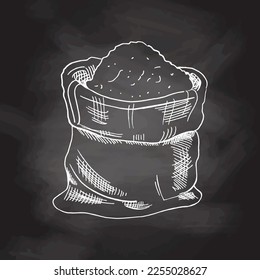 Bag with flour sketch drawing. Vector hand drawn bakery Illustration. Chalkboard vector hand drawn Illustration. Detailed retro style images. Vintage sketch for labels. 