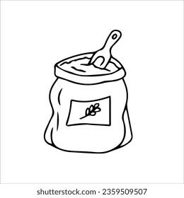 Bag of flour. Vector black-and-white hand-drawn illustration. Isolated object. Clipart, template, sketch, icon, logo. a shadow.