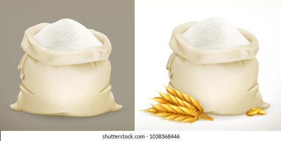 Bag of flour and wheat. 3d vector icon