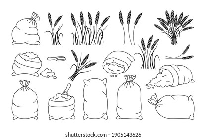 Bag flour and wheat ears, black line set. Heap flour, grain spikelets collection. Outline bread and harvest agricultural symbol flour production. Design farm elements, organic packaging label vector
