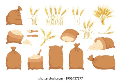 Bag flour and wheat ears, cartoon set. Heap flour, gold grain spikelets collection. Bread and harvest agricultural symbol flour production. Design organic farm elements, organic packaging label vector