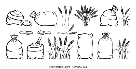 Bag flour and wheat ears, sketch set. Heap flour, grain spikelets collection. Contour doodle bread and harvest agricultural symbol flour production. Design farm organic packaging label vector