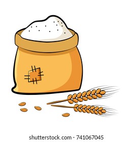 Bag of flour with wheat spikes and grains. Vector illustration