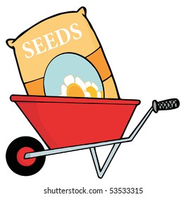 Bag Of Flower Seeds In A Wheel Barrow