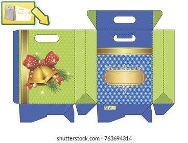 Bag with folds vol.4 Vector stencil with a ready package for a holiday. The entire product is placed on separate layers. Dimensional mesh in millimeters. Paper, printer, scissors - a finished product.