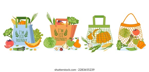 Bag food grocery market eco product ecology reusable organic nutrition isolated set. Vector graphic design illustration