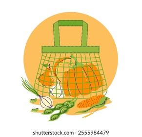 Bag food grocery market eco product ecology reusable organic nutrition isolated set. Vector graphic design illustration