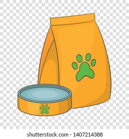 Bag of food for pets and food bowl and icon. Cartoon illustration of bag of food for pets and food bowl vector icon for web